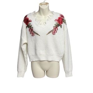 SHEIN off White Sweater with Red Floral Accents distressed neckline size large